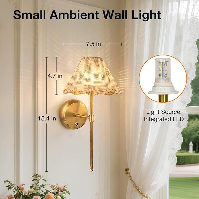 Battery Operated Boho Rattan Wall Sconce Set of 2, Stepless Dimming Magnetic Wall Lamp, 5200mAh Rechargeable Battery and Integrated LED, for Living Room Bedroom Hallway Corridor