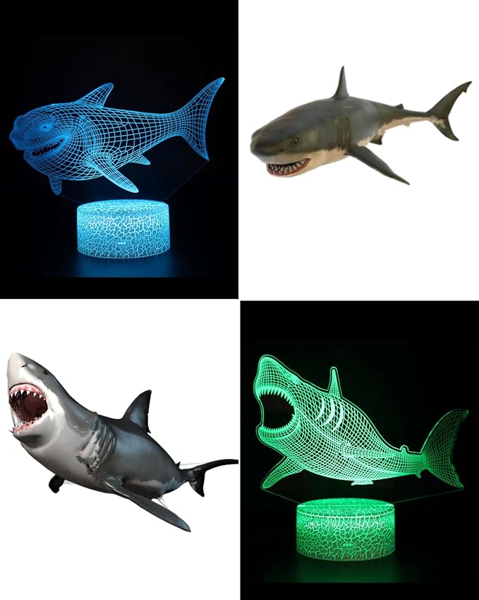 Shark 3D Illusion Night Light, 3 Patterns, Lamp for Boy Girl Kid | 16 Colors Changing, Dimmable, Touch & Remote Control, Room Bedroom Decor, Birthday Christmas Gift Toy Baby Toddler Teenage
