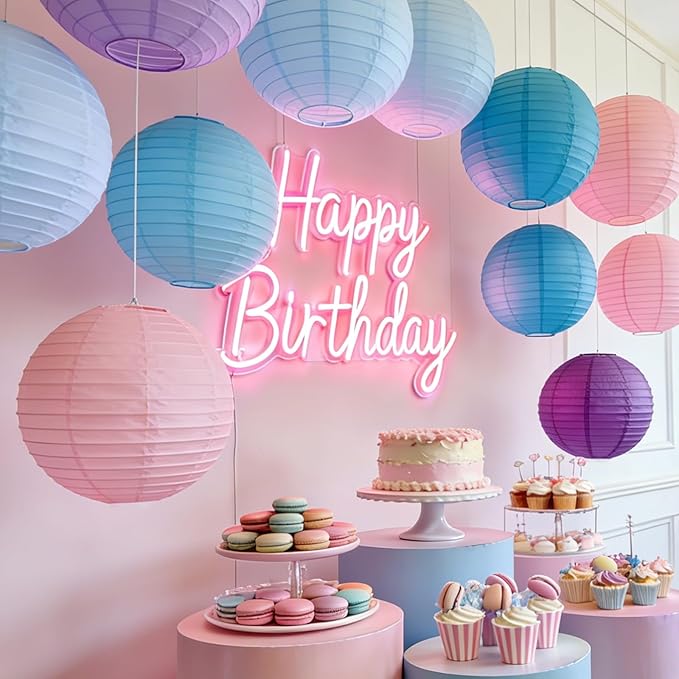 Pastel Paper Lanterns Set (12 Pcs) - 6/8/10 Inch Nilan, Pink, Purple, Lavender & Blue Round Hanging Paper Lanterns for Party Decor, Baby Showers, Weddings & Bedroom Accents