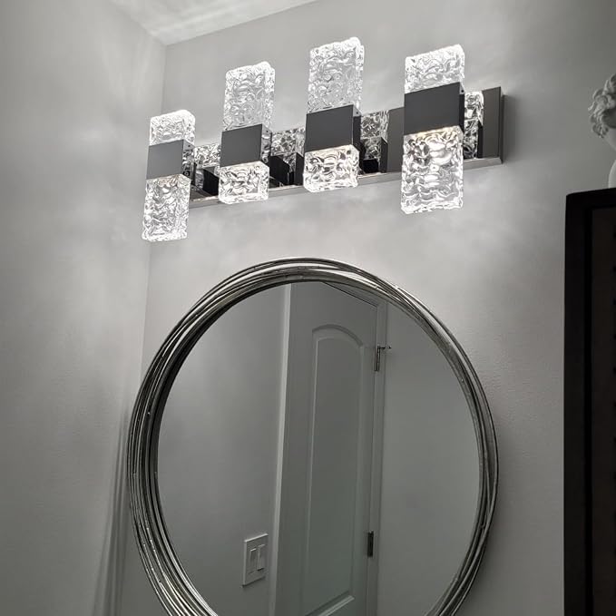 Modern Bathroom Light fixtures Brushed Nickel Dimmable Vanity Lights for Bathroom Crystal LED Bathroom Lighting fixtures Over Mirror 4 Light 6000K
