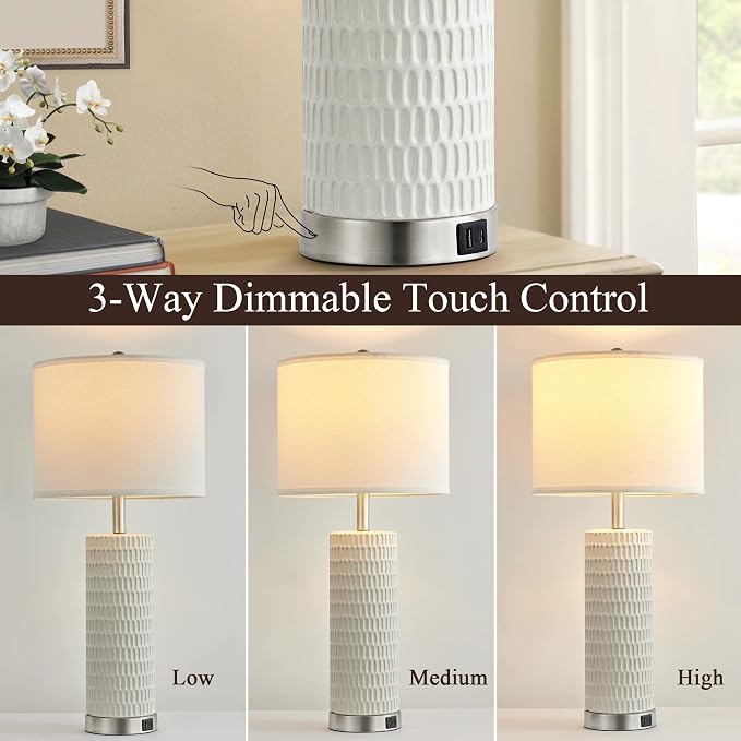 Reaketon 26.5" Ceramic Table Lamp Set of 2, 3 Way Dimmable Touch Control Table Lamp with 2 USB Charging Ports for Bedroom Living Room, Modern Nightstand Lamp End Table Lamps, Bulbs Included