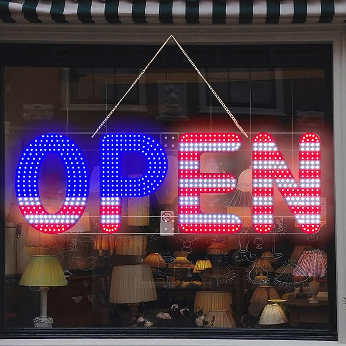 30"x10" Open Sign, LED Open Sign for Business, Ultra Bright Dimmable with 3 Scene Modes, Large Illuminated Business Sign for Storefront Window, Cafe, Bar, Restaurant, Salon (US Flag Design)