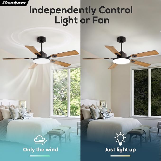 Conciseer 52 Inch Ceiling Fans with Lights and Remote for Bedroom Living Room Kitchen Office, Indoor/Outdoor Use, 6CCT Dimmable, 5 Blades 6 Speed Reversible Quiet DC Motor, Brown/Wood Grain