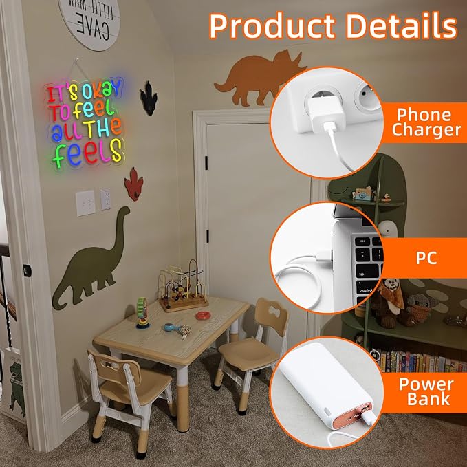 JURONG It's Okay to Feel All the Feels Neon Signs for Wall Decor Dimmable LED Neon Light up Signs USB Powered for Home Office Bedroom Classroom Wedding Party Store Home Gift Neon Decor