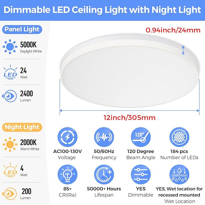 SunRider 4-Pack LED Flush Mount Ceiling Light Fixture with Night Light, 5000K Daylight White, 12 Inch 24W 2400LM Round Dimmable Flat Ceiling Lamp