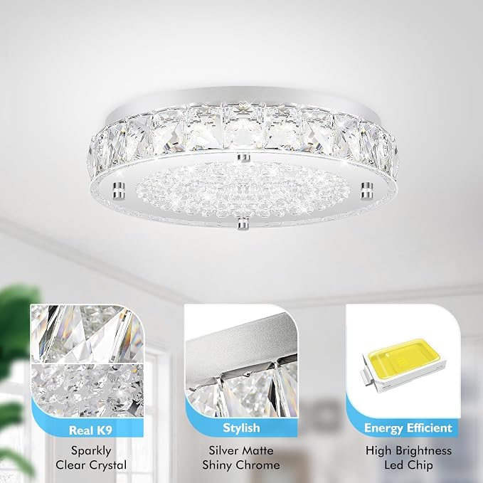 Crystal Flush Mount Chandeliers, LED Ceiling Light Fixture 13-Inch, 5000K Daylight White Super Bright 3300LM Dimmable Farmhouse Kitchen Light Modern Ceiling Lamp for Bedroom Bathroom Nursery