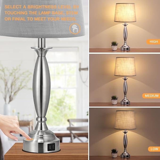 Bedroom Lamps for Nightstand, 3 Way Dimmable Silver Bedside Lamps with USB | Touch, USB C+A Ports, Bulb Included, Gray Shade, Silver, Chrome, Bed Side lamps for Night Stands, Living Room