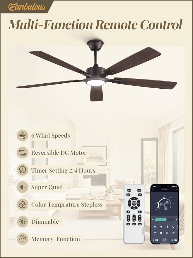 Fanbulous 60 Inch Oil Bronze Ceiling Fan with Light, Remote & APP Control | Stepless CCT & Dimmable Light, 20W LED Ceiling Fans, 6 Speeds, Reversible Quiet DC Motor, for Bedroom Living Room Apartment