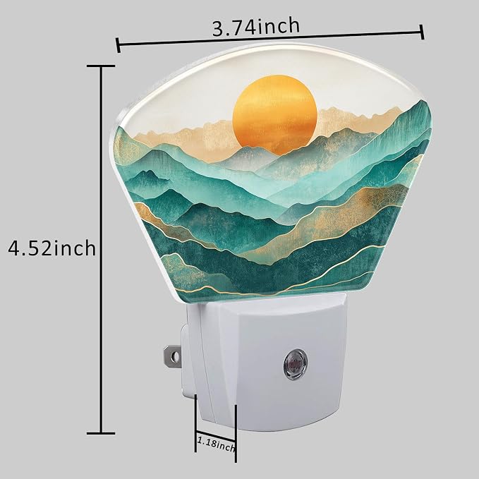 Abstract Golden Sun Plug in Night Lights, Green Mountains Nightlight Plug Into Wall Dusk to Dawn Sensor for Kid Girls Boys Women Men Room, Hallway, Kitchen, Bathroom, Stairs Decor