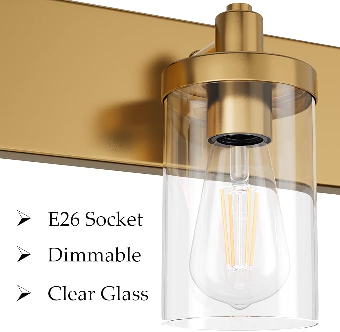 Aipsun Gold Vanity Light 3 Lights Bathroom Vanity Lighting Fixtures Over Mirror Bathroom Wall Light with Clear Glass Shade(Exclude Bulb)