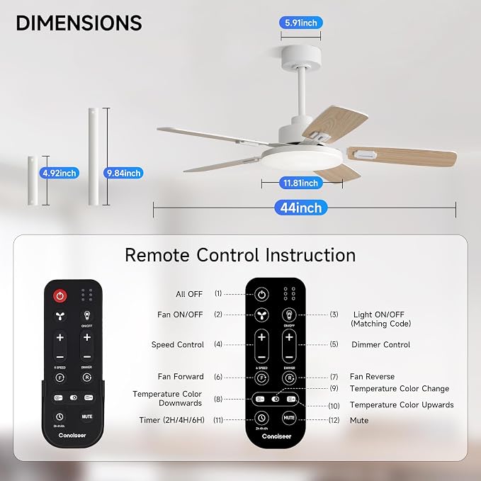 44 Inch Ceiling Fans with Lights and Remote for Bedroom Living Room Kitchen Office, Indoor/Outdoor Use, 5CCT Dimmable, Dual Color 5 Blades, 6 Speed Reversible Quiet DC Motor, White/Wood Grain