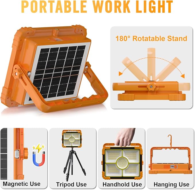 100W LED Solar Work Light, 466 LED 10000LM Magnetic Worklight with 5 Modes, 12000mAh Battary Rechargeable, IP66 Waterproof Portable Solar Outdoor Working Light for Emergency, Repair, Camping