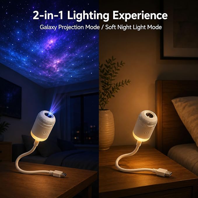 2-in-1 Galaxy Projector Night Light, USB LED Starry Sky Projector | 360 Rotation, Adjustable Brightness Films, for Bedroom Ceiling Room Car Decor