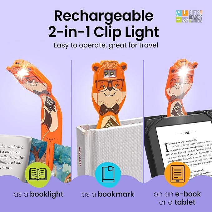 Gifts for Readers & Writers Rechargeable Book Light for Kids, Clip On Reading Light for Bed, 2in1 Flexilight Pals & Bookmark, 12 Hours of Light Once Charged, Includes USB Cable & 2 LED Lights, Fox
