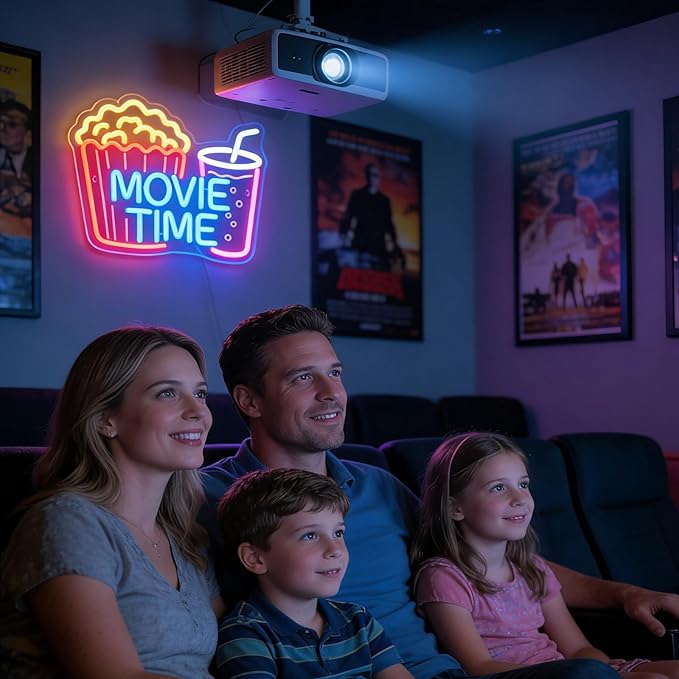 Movie Time Neon Sign with Popcorn & Drink - Dimmable LED Light for Home Theater & Movie Night Room Decor | Gift for Film Lovers (15x12”)