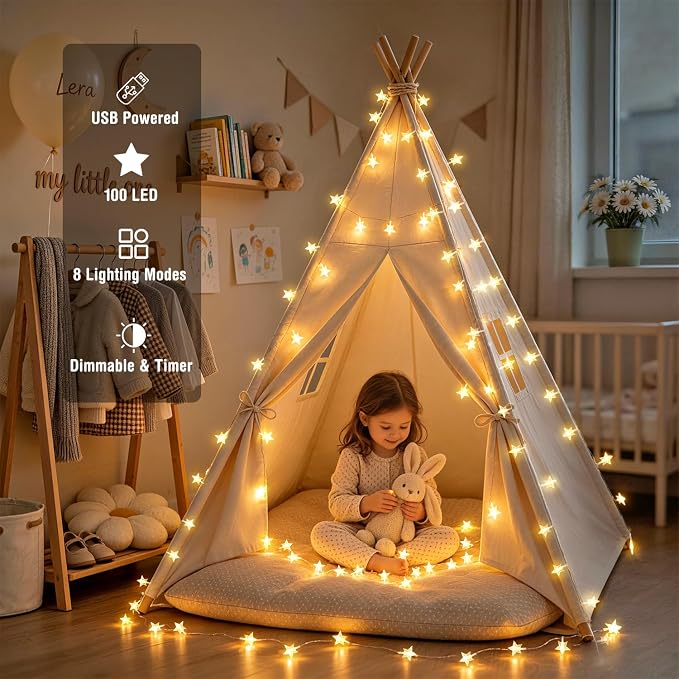 JMEXSUSS 100 LED Star String Lights USB Plug in, 33Ft Fairy Lights | Remote, Waterproof Hanging String Lights Indoor for Bedroom Tent Loft Bed Classroom Dorm Decor, Warm White