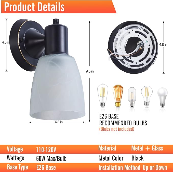 Wall Sconces Set of 2, Matte Black Vanity Lights for Bathroom, Modern Wall Light Fixtures with Rotary Switch, Wall Mount Light with Frosted Glass, Farmhouse Lamp for Bedroom Mirror Living Room