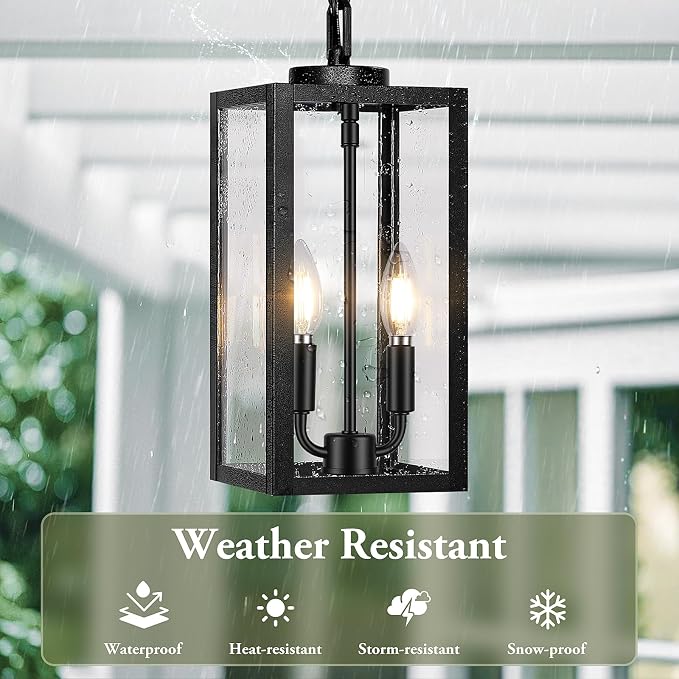 15” Large Outdoor Pendant Light, 2-Light Hanging Lantern, Black | Hanging Height Adjustable, Waterproof, Rust-Resistant, Durable Metal & Clear Glass, Dual E12 Sockets, Easy to Install