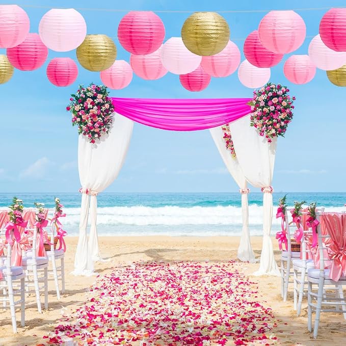 Paper Lanterns Party Decorations, Hanging Round Chinese Lanterns for Graduation Baby Shower Pink Birthday Decorations Pack of 20 Pink Gold