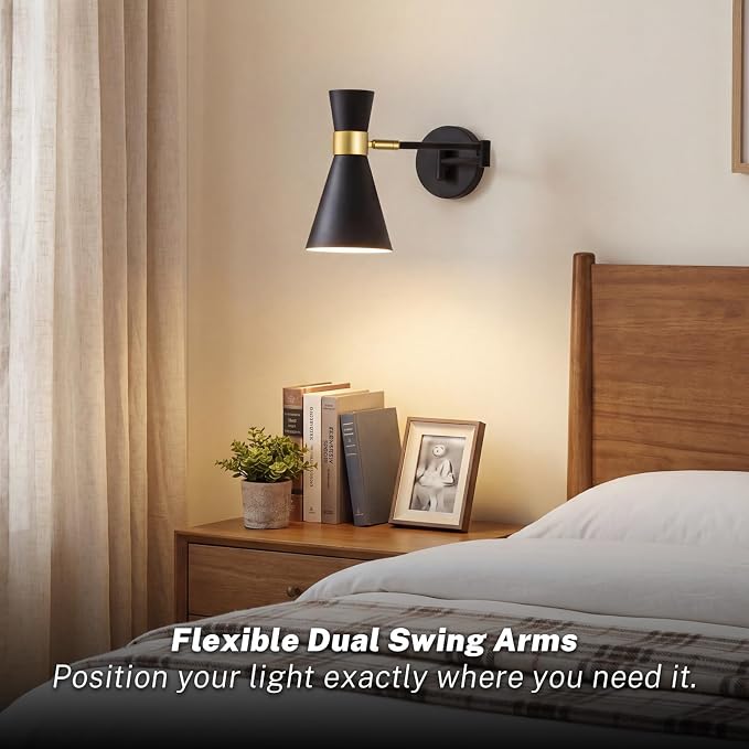 OSYNNIQ Wall Sconce Light with Adjustable Swing Arm for Bedside Reading | Wall Lamp, Modern, Industrial, Lighting Fixture, Black, Hardwired, for Bedroom/Living Room/Indoor, LED E26 Bulb Included