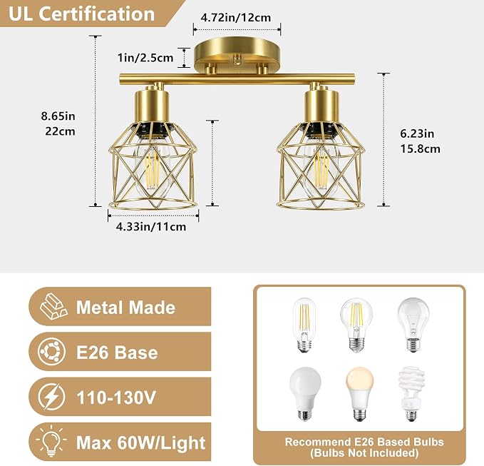 Baocuz 2-Lights Kitchen Track Lighting Ceiling, Adjustable Multi-Directional Gold Ceiling Light Fixtures, Rotatable Farmhouse Light Fixtures Ceiling Mount with Metal Cage for Dining Room, Living Room
