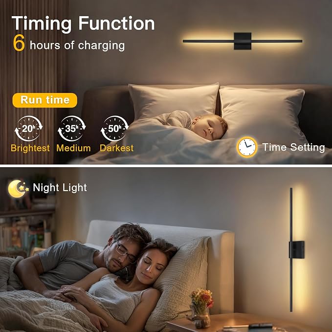 Battery Operated Wall Sconces Set of Two, Wireless Wall Sconces 31.5 Inch | Rechargeable, Remote Control, Dimmable, 360°Rotate, Cordless Wall Light Decor for Living Room, Hallway, Timing, Black
