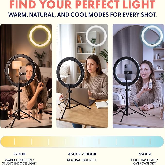 11’’ LED 12W Selfie Ring Light with Wired Control, 3 Color Modes, 10 Brightness Levels, Tripod Stand with 6 Sections, Phone Holder, Adjustable Brightness Levels for Influencers, YouTube, TikTok