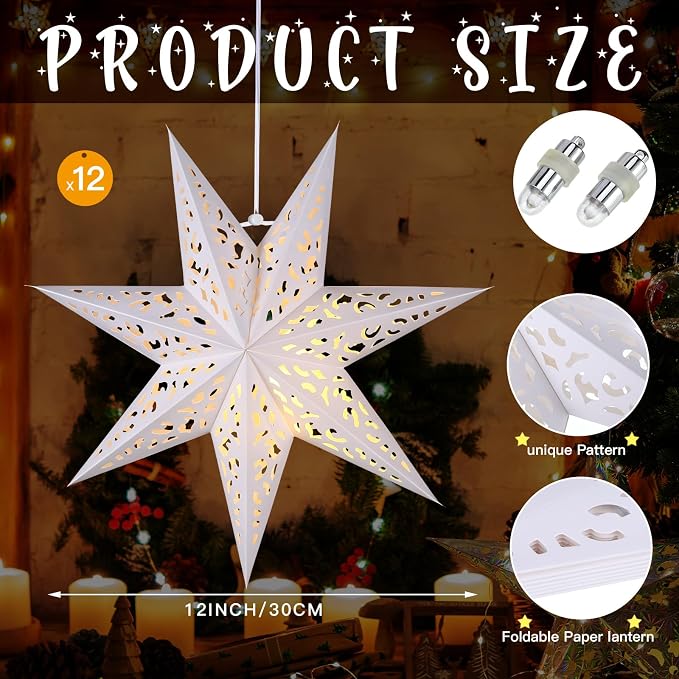 12 Pcs 14in Paper Star Lantern with 7 Pointed LED Lights for Xmas, Wedding, Holiday, Birthday Party Celebration(White)