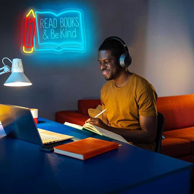 Read Books Be Kind Neon Sign for Wall Decor Reading Neon Light Study Room | Dimmable Led Neon,Teen Birthday Reading Gifts,5V USB Powered,Bookstore Bedroom Decor, Classroom Library Wall Art,13.7*10in