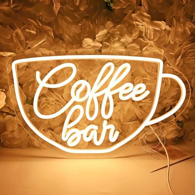 SYLHOME Coffee Bar Led Neon Light Sign Coffee Shop Business Home Bedroom Kitchen Restaurant Birthday Christmas Party Light Up Sign 15.75" X 9.4" USB Warm White