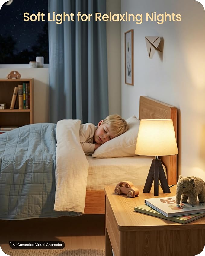 Small Table Lamp for Bedroom, 14.6" Bedside Lamp with White Linen Shade and Walnut Wood Tripod Base, Modern Nightstand Lamp for Living Room, Nursery, Entryway, E26 Socket, VW51TL05