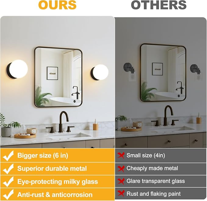 2 Pack Modern Matte Black Wall Light Fixtures, Mid-Century Globe Glass Wall Sconces Set of Two for Bathroom Mirror, Living Room, Hallway, Entryway (Bulbs Not Included)
