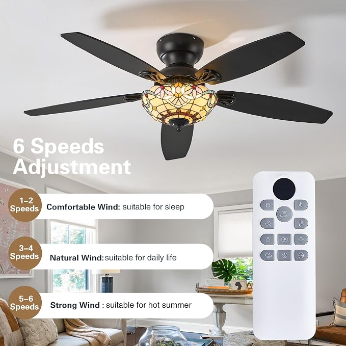 Tiffany Ceiling Fans with Lights-52"Ceiling Fan Chandelier and Glass Shade | 52" Ceiling Fan Chandelier with 5 Dual-Blades and Glass Shade, 6 Speeds and Reversible, Indoor and Outdoor, Retro Style