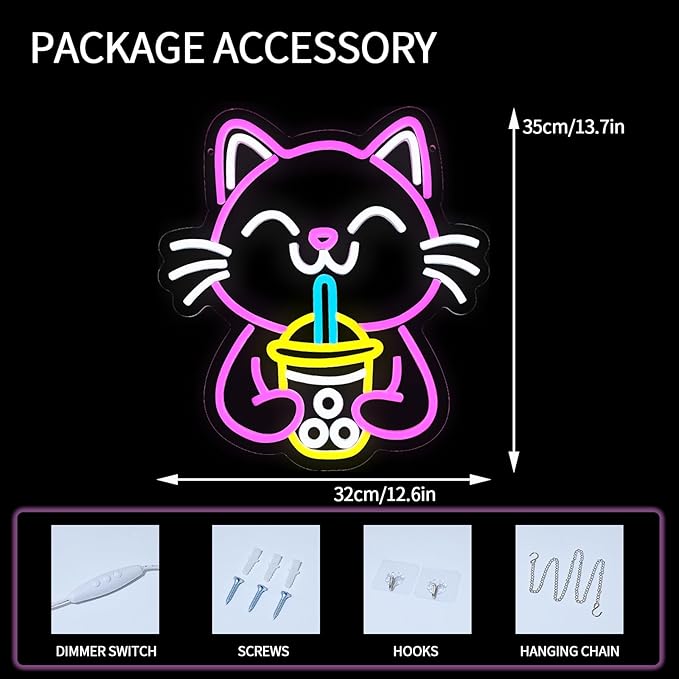 Cat Boba Tea Neon Sign for Wall Decor Dimmable Cute Cat Led Light Signs Bubble Tea Neon Light for Cafe Bar Kitchen Restaurant Coffee Dessert Shop Kids Room Decoration Gift for Girls Kids