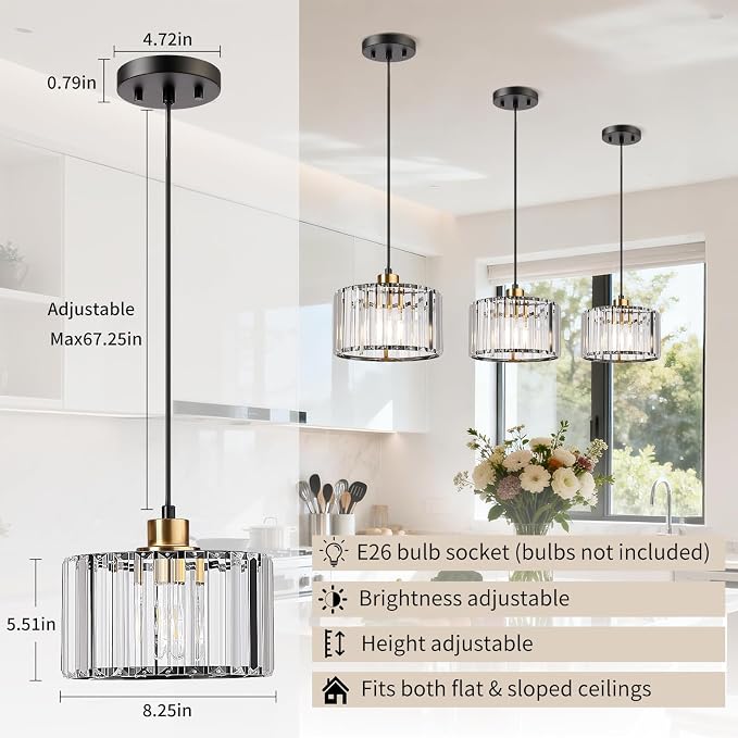 TALOYA Pendant Lights Kitchen Island Black and Gold, Crystal Pendant Light Modern for Dining Room, Height Adjustable Chandelier Hanging Island Light Fixtures for Kitchen Hallway(Bulb Not Included)