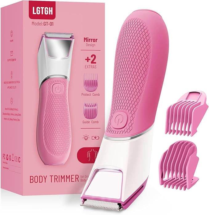 Rechargeable Bikini Trimmer for Women: Pubic Hair Razor with Mirror & LED Light - IPX7 Waterproof Electric Shaver, Travel Lock & Ceramic Blades for Legs Underarm - Light Rose