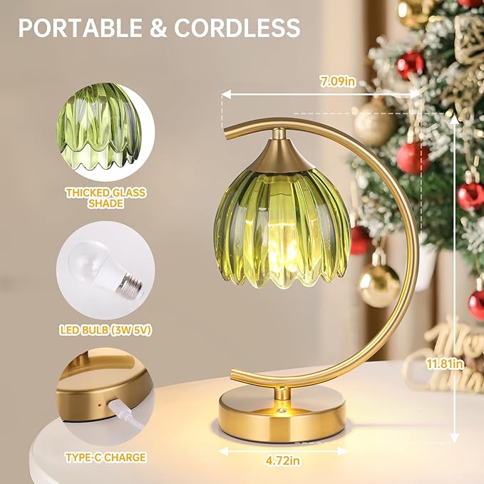 Tulip Table Lamp, 5200mAh Cordless Touch Control Table Lamp with 3 Color Temps & Stepless Dimming, Rechargeable Battery Table Lamp for Living Room, Bedroom, Office, Shelf (Green Tulip)