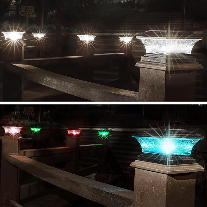 HUYIENO Solar Post Cap Lights Outdoor LED Lighting Deck Fence Cap Light 9 Light Modes Bright White/7 Color Fixed Modes/7 Color Cycling Mode Suitable for 4x4 5x5 Wooden Posts Black 6pk