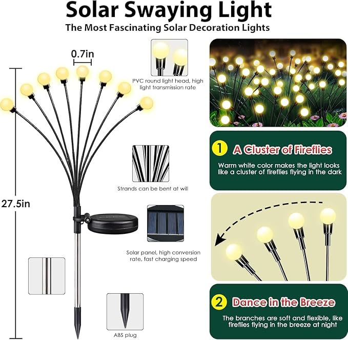 8 Pack Solar Firefly Lights Outdoor Swaying Garden Decor 64 LED Warm White | 2 Lighting Mode, Auto On/Off, Sway with Wind, Waterproof Solar lights Outdoor for Walkway Yard Terrace Holiday Decorations