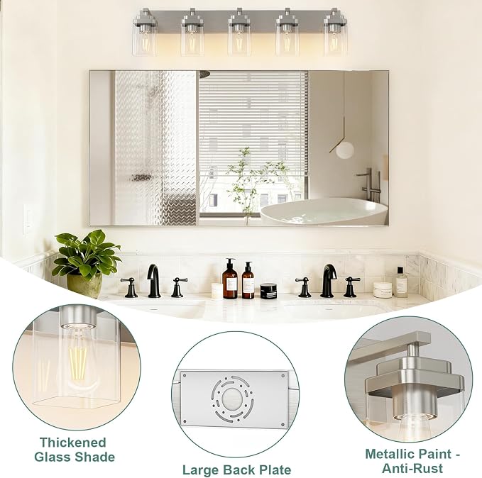 Brushed Nickel Bathroom Light Fixtures, 5 Lights Bathroom Lighting Fixtures Over Mirror, Square Design & Rectangle Large Backplate, Modern Vanity Lighting Fixtures, for Living Room/Bedroom