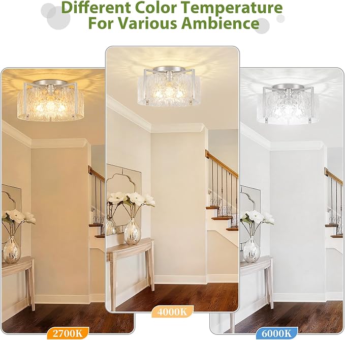 16" Semi-Flush Mount Ceiling Light, 4-Light Hammered Glass Drum Fixture | OYKYOHEI Indoor Lighting for Bedroom Hallway Entryway Kitchen Foyer Living Room Laundry Decor, Black Modern Dimmable E26