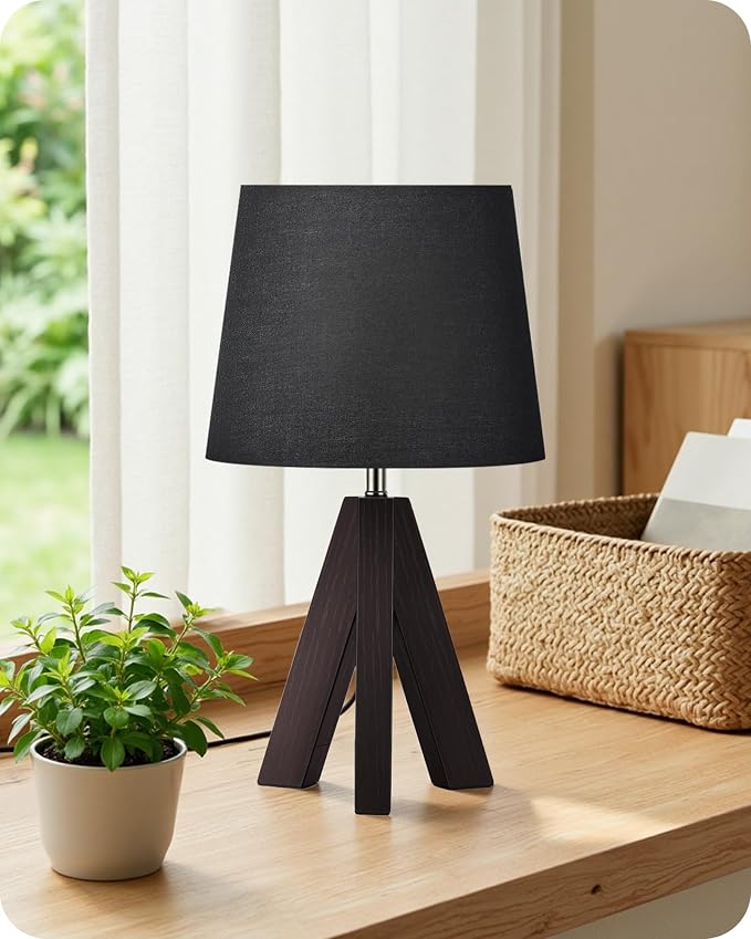 Small Table Lamp for Bedroom, 14.6" Bedside Lamp with Black Linen Shade & Walnut Wood Tripod Base, Modern Nightstand Lamp, Blak Lamp for Living Room, Nursery, Entryway, E26 Socket, VB51TL05