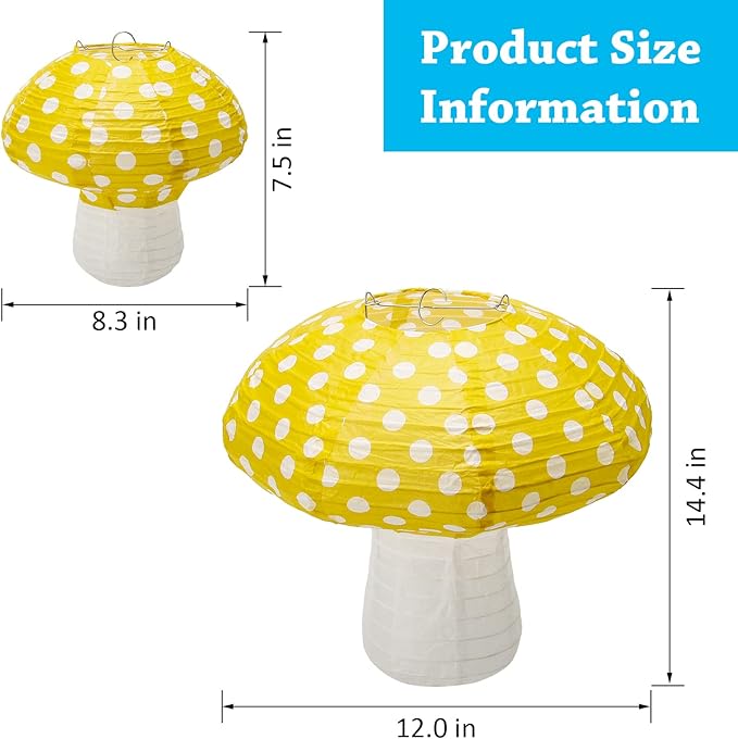 4Pcs Mushroom Shaped Paper Lanterns, Windspeed Large Mushroom Shaped Lanterns For Nursery Garden Christmas Party Decoration, 8 inch, 12 inch (Yellow)