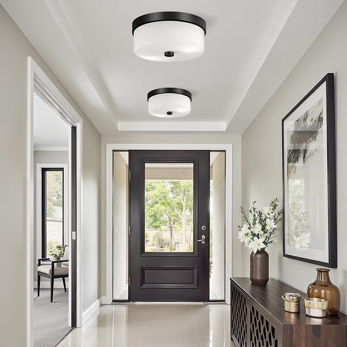 szzgco Black Flush Mount Ceiling Light Fixtures, 2-Light Ceiling Mount with Milky White Glass Lampshade, Industrial Flush Mount Light Fixture Farmhouse for Hallway, Kitchen, Entryway and Foyer