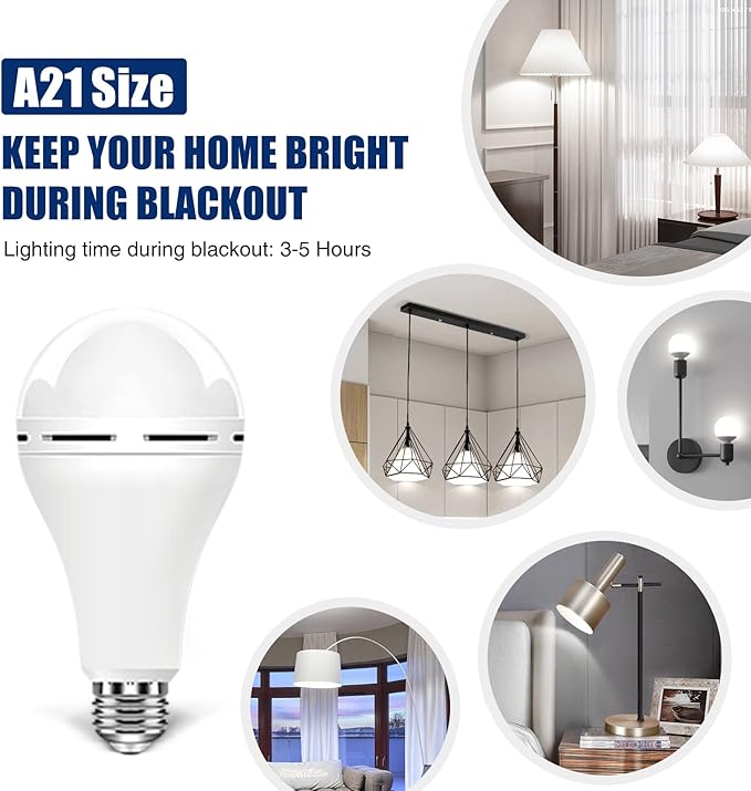 A21 6PK Emergency-Rechargeable-Light-Bulb, Keep Lighting During Power Outage, 12W 6500K LED 65W Equivalent Light Bulbs, 1200 mAh Battery Backup Light Bulbs for Home Power Failure