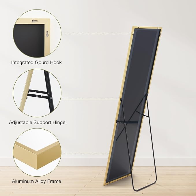 DUMOS Gold Full Length Mirror 59"x16.5" Full Body Floor Mirror for Bedroom or Cloakroom, Can Stand Alone, Hang or Lean Against Wall, Tall Wall Mirrors with Stand and Sleek Aluminum Alloy Thin Frame