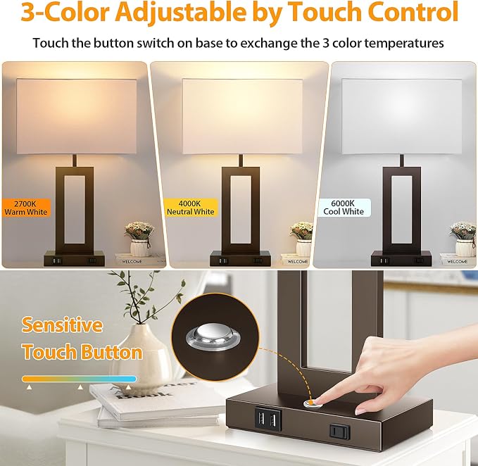 27.2’’ Tall Brown Table Lamps for Living Room Bedroom, Bedside Touch Control Lamps with 2 USB Ports&AC Outlet, 3 Color Temp.&Stepless Dimming Desk Lamp Sets for Home Office, Pre-assembled White Shade