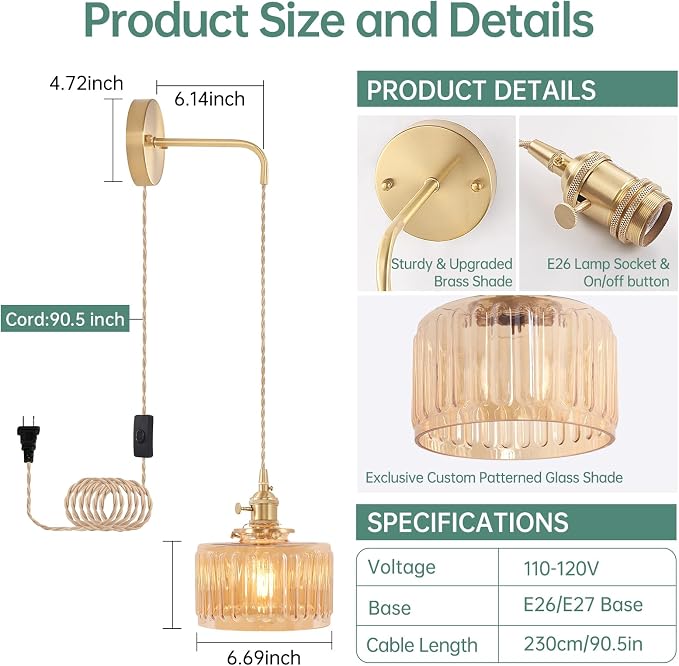 Shenmoyl Vintage Wall Sconce with Amber Striped Glass Shade Hanging Wall Sconce with 4.9FT Plug in Cord, Modern Wall Lamp Fixtures Decor for Bedside Bedroom Indoor Doorway, Set of 2