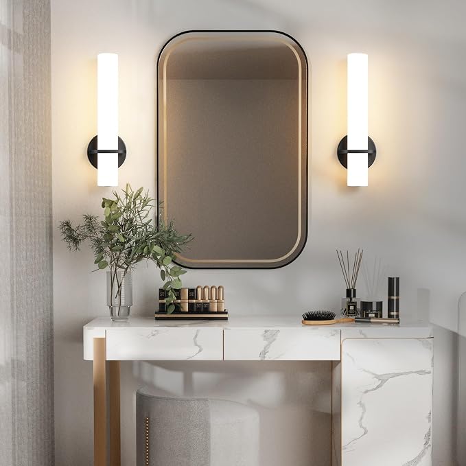 AIJIASI Wall Sconce Light - 15 inch Modern Black Bathroom Light Fixtures Wall Sconces Set of Two Dimmable LED Sconce Lighting, 15W 3000K Wall Light with Acrylic Shade for Bedroom Stairway Living Room