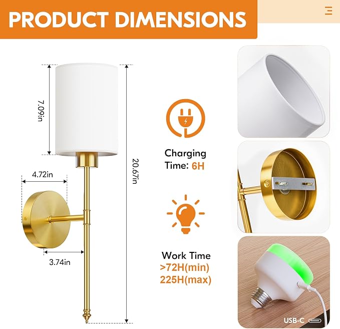 20.67 inch Battery Operated Wall Sconce Set of 2, Gold Rechargeable Wall Lights with 10400mAh Dimmable Bulbs and Remote, 9 Colors Wireless Wall Lamps for Bedroom Living Room Hallway